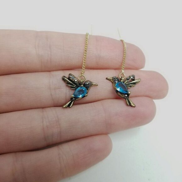 Vintage Hummingbird Threader Chain Earrings, Blue Rhinestone Gold Tone Chain - Picture 3 of 5